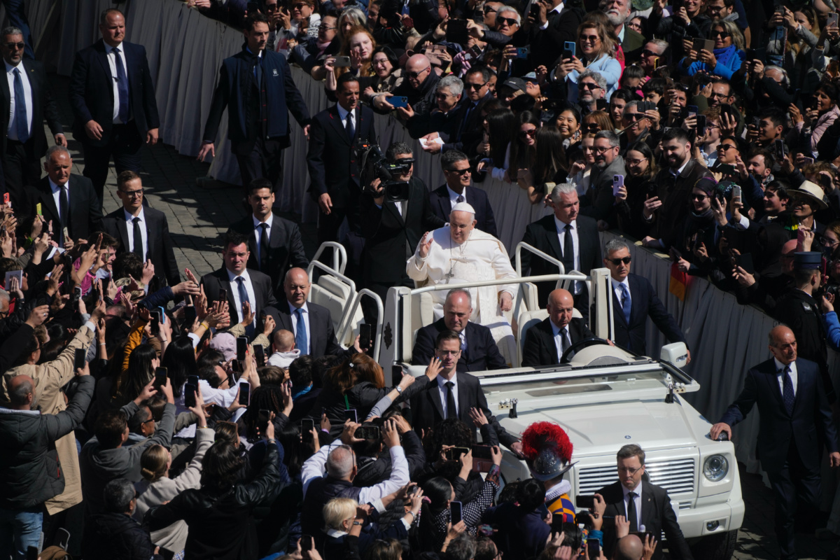Pope Francis on the popemobile blesses the faithful in St Peter's Square at The Vatican at the end of the Easter Sunday Mass, on Sunday, 9th April, 2023.