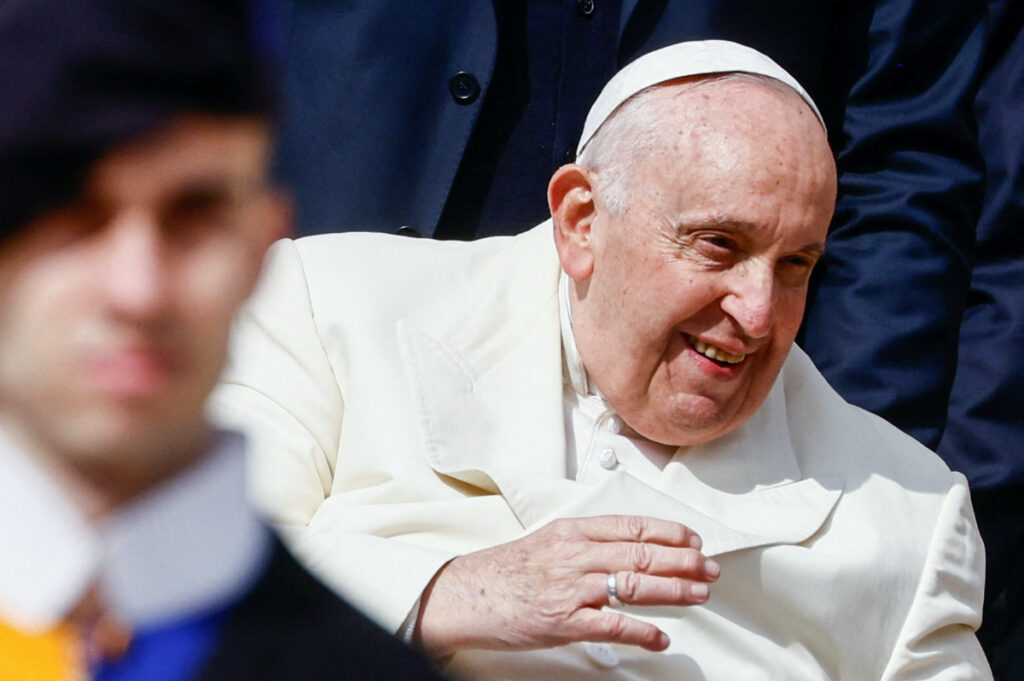 Pope Francis greets people during the weekly general audience in St Peter's Square at the Vatican, on 5th April, 2023.