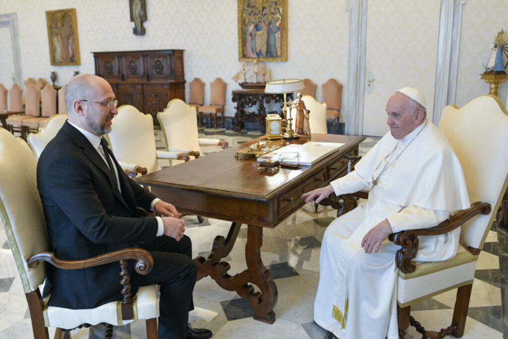 In this picture made available by Vatican Media Ukraine Prime Minister Denys Shmyhal, left, meets with Pope Francis at The Vatican, Thursday, 27th April, 2023.