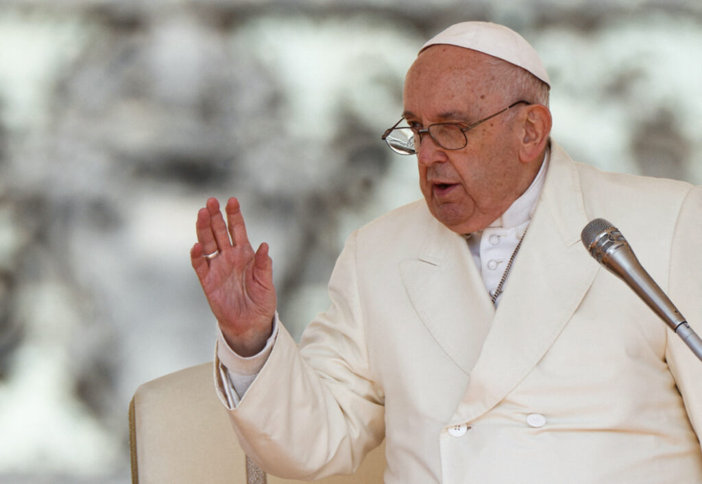 Pope Francis speaks as he attends the weekly general audience in St Peter's Square at the Vatican, on 19th April, 2023.