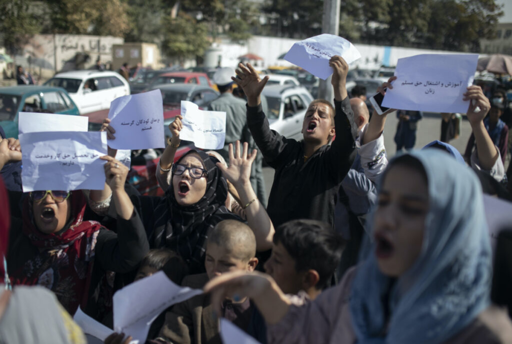 Afghan women chant during a protest in Kabul, Afghanistan, on 21st October, 2021.