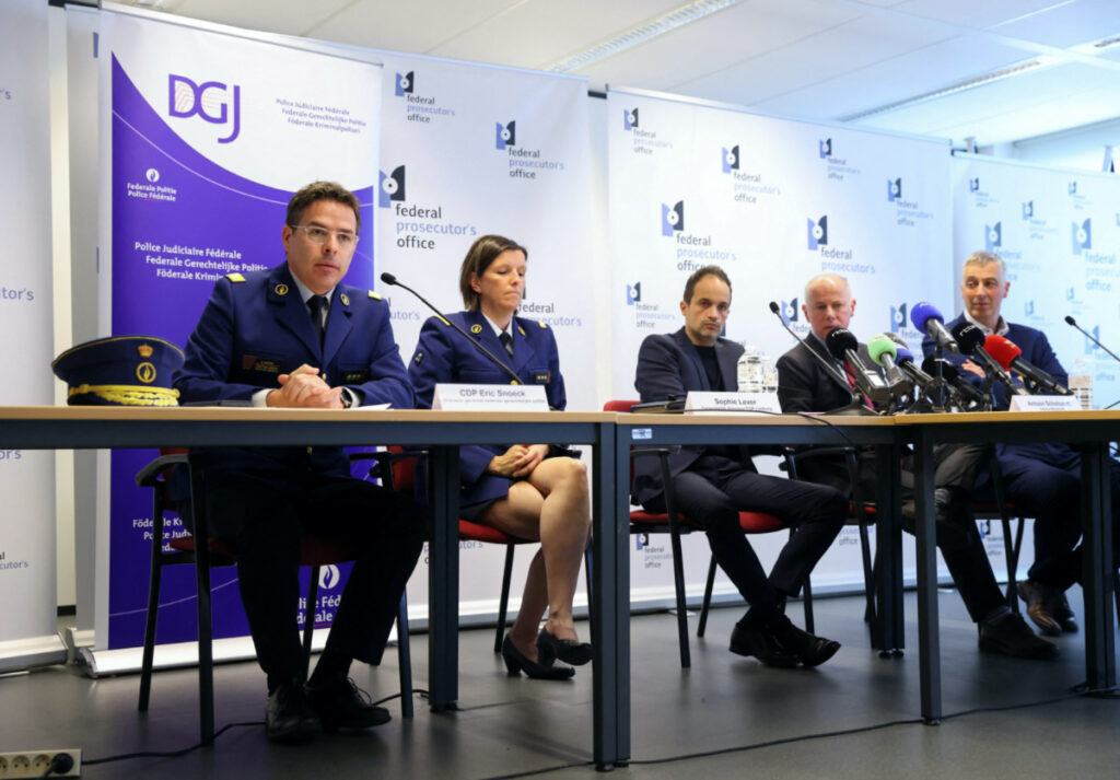 Belgian prosecutors Eric Snoeck, Sophie Lever, Antoon Schotsaert, Eric Van Duyse and Guido Vermeiren give a news conference following a series of police raids targeting the Calabrian mafia as part of an operation in several European countries, in Brussels, Belgium, on 3rd May, 2023