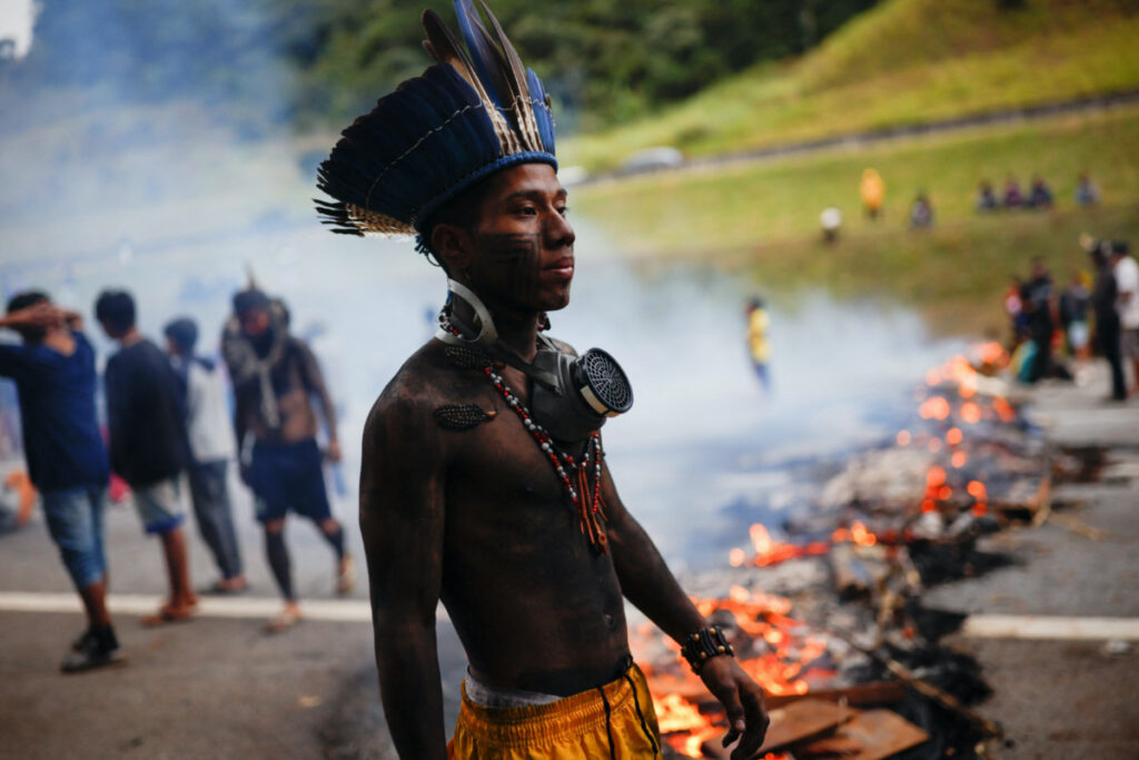 Guarani Mbya Indigenous people protest against the so-called legal thesis of "Marco Temporal" as they close the Bandeirantes highway in Sao Paulo, Brazil, on 30th May, 2023.