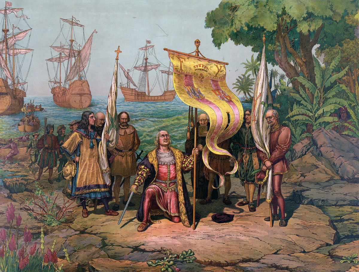 A depiction of Christoper Columbus arriving in the Americas by Gergio Deluci, circa 1893. 