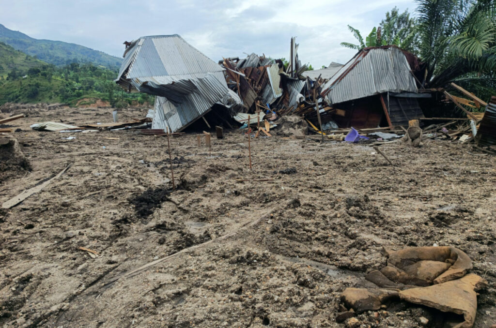 A general view shows the ruins of a home destroyed following rains that destroyed the remote, mountainous area and ripped through the riverside villages of Nyamukubi, Kalehe territory in South Kivu province of the Democratic Republic of Congo on 9th May, 2023.