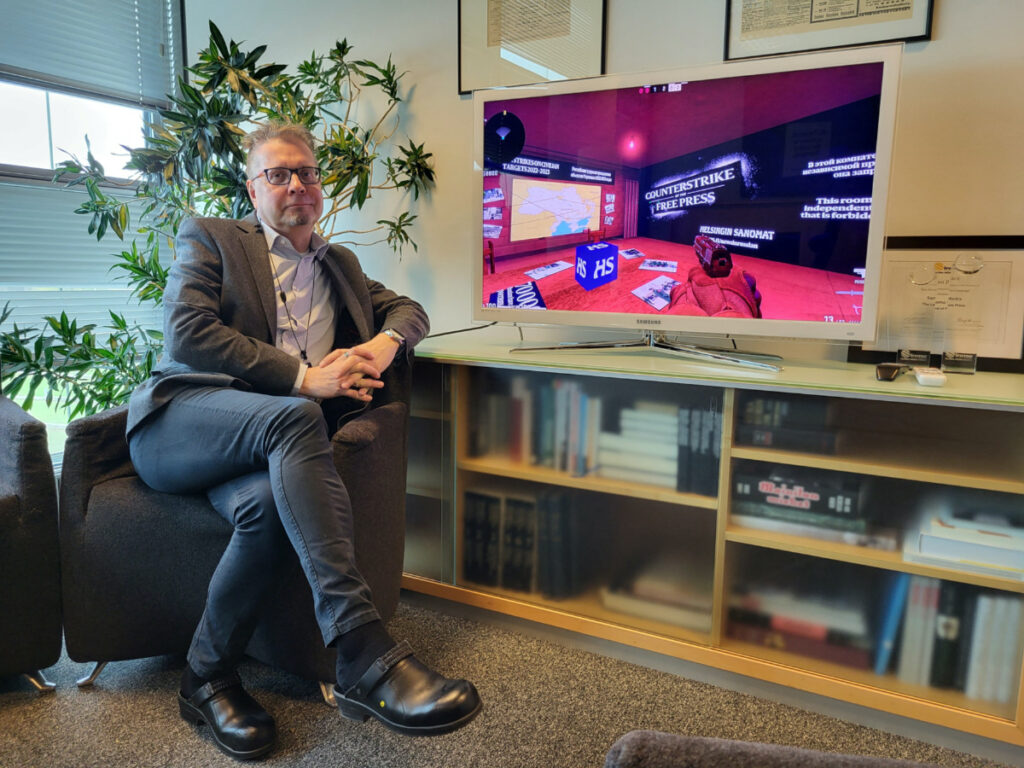Finnish daily Helsingin Sanomat Editor-in-Chief Antero Mukka presents a secret room within Counter-Strike video game, where his paper has hidden news about Russia's war in Ukraine in Russian, in Helsinki, Finland, on 2nd May, 2023.