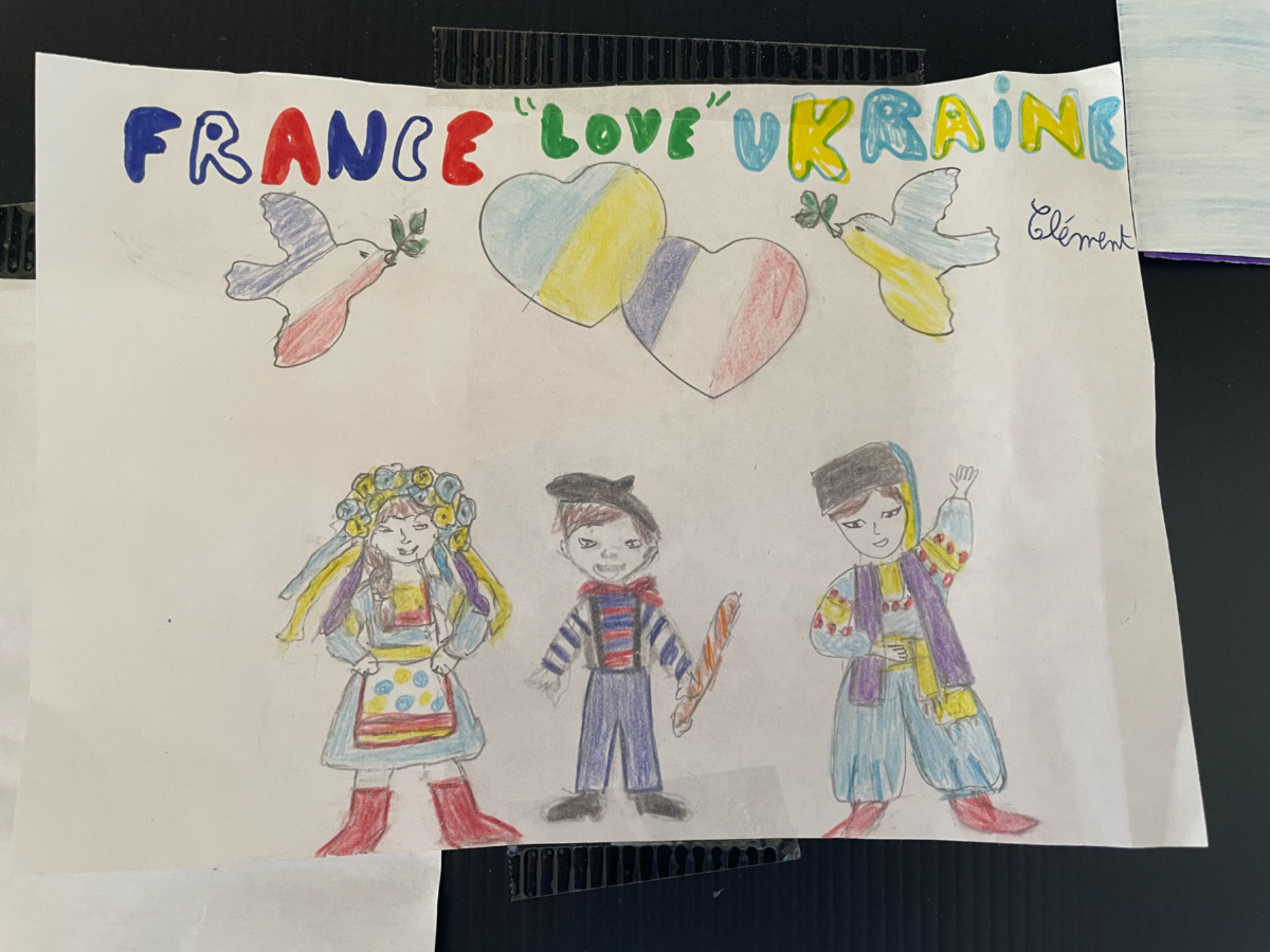 A child's drawing is seen at a community room for Ukrainian refugees at a farm in northern France, on 10th May, 2022.