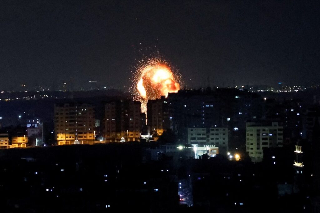 An explosion is seen as Israel strikes Gaza, on 2nd May 2023.