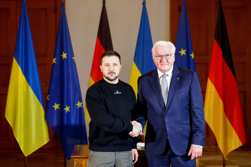 German President Frank-Walter Steinmeier welcomes Ukraine's President Volodymyr Zelenskiy at Bellevue palace in Berlin, Germany, on 14th May, 2023