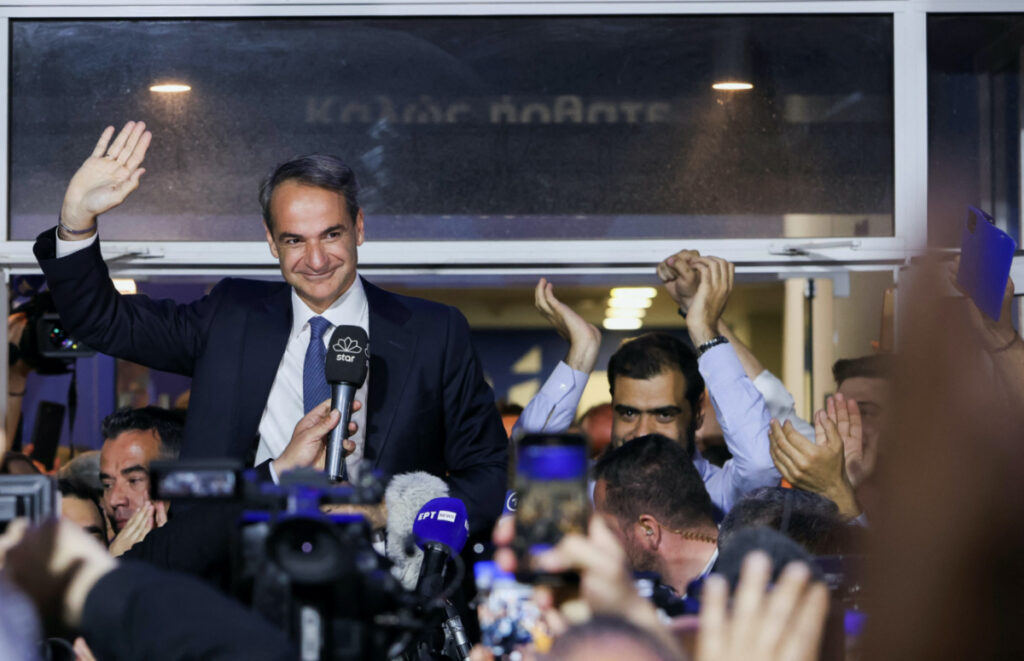 Greek Prime Minister and New Democracy conservative party leader Kyriakos Mitsotakis waves outside the party's headquarters, after the general election, in Athens, Greece, on 21st May, 2023