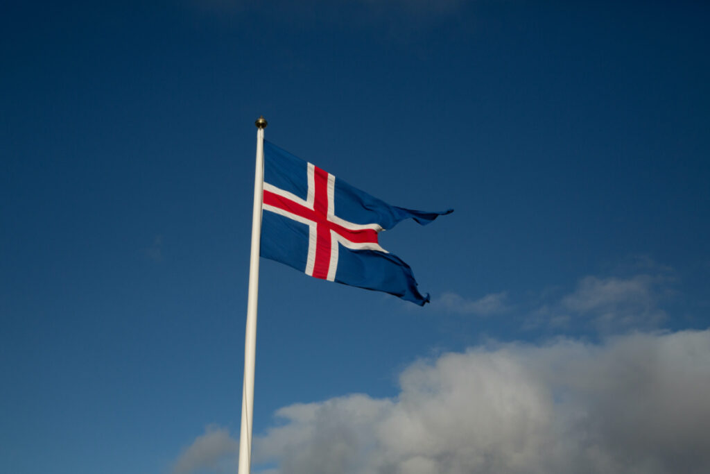 Iceland's flag flies at Thingvellir National Park, Iceland, on 16th September, 2019