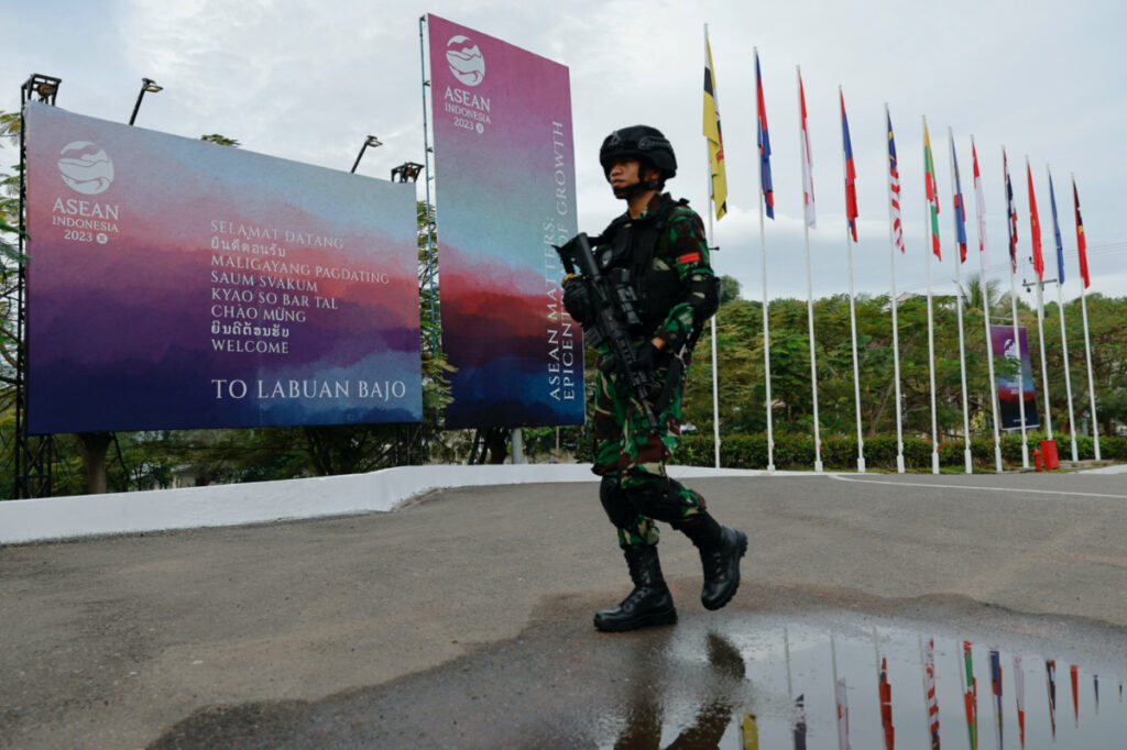 An Indonesian Special Air Force personnel guards at the Komodo International airport, ahead of the ASEAN Summit held in Labuan Bajo, East Nusa Tenggara province, Indonesia, on 9th May, 2023