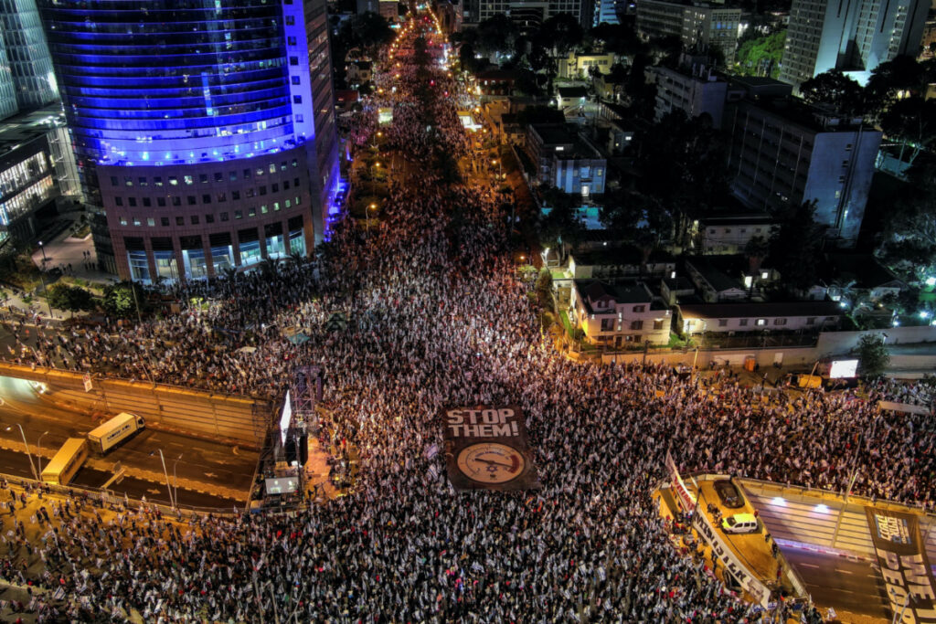 An aerial view shows protesters taking part in a demonstration against the Israeli nationalist coalition government's judicial overhaul, in Tel Aviv, Israel, on 20th May, 2023.
