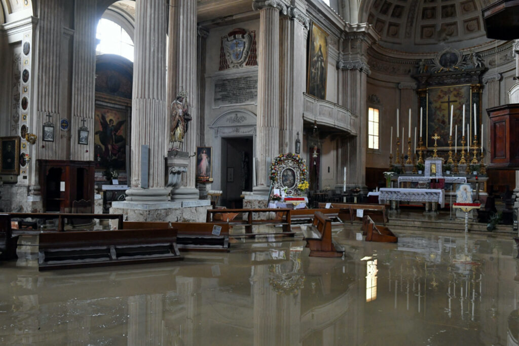 A church is flooded with water after heavy rains hit Italy's Emilia Romagna region, in Castel Bolognese, Italy, on 18th May, 2023.