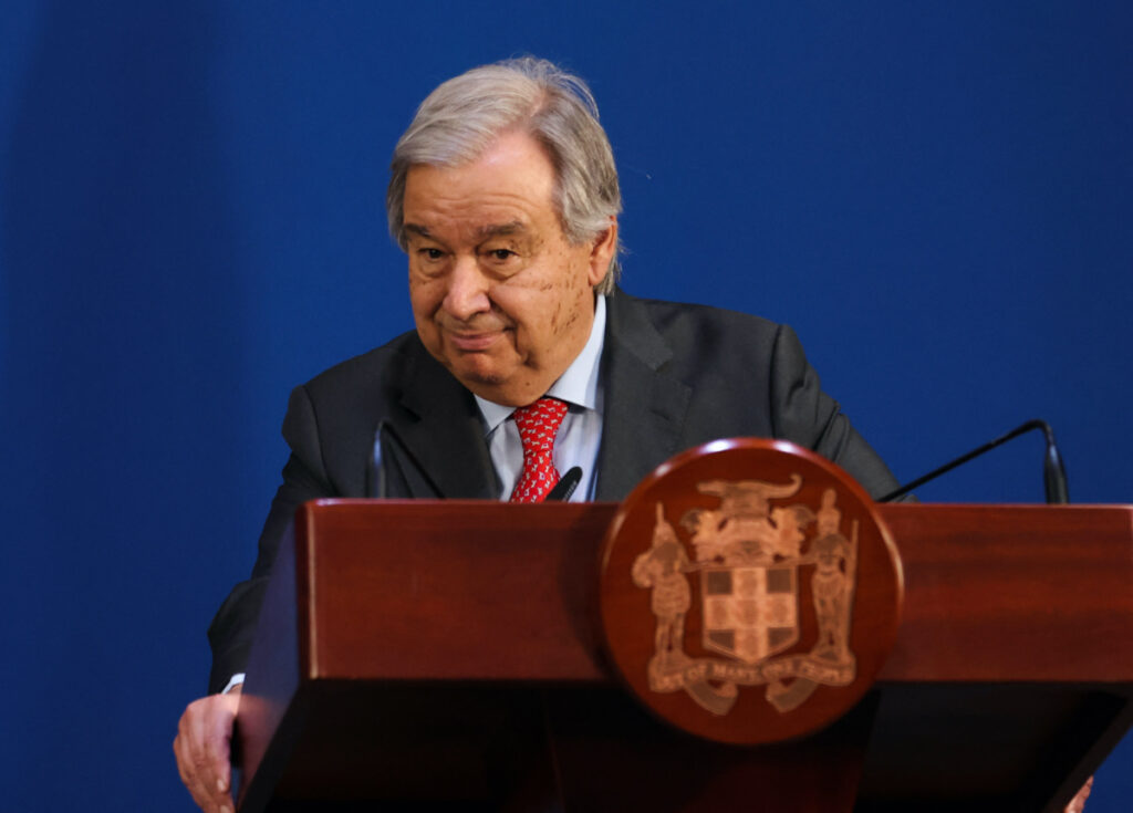 United Nation's Secretary-General Antonio Guterres addresses the audience during a joint press conference with Jamaica's Prime Minister Andrew Holness (not pictured), in Kingston, Jamaica, on 15th May, 2023.