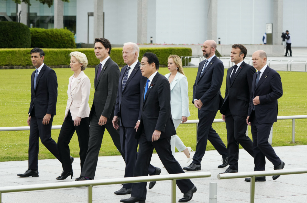 British Prime Minister Rishi Sunak, European Commission President Ursula von der Leyen, Canadian Prime Minister Justin Trudeau, US President Joe Biden, Japan’s Prime Minister Fumio Kishida, Italian Prime Minister Giorgia Meloni, European Council President Charles Michel, French President Emmanuel Macron, German Chancellor Olaf Scholz,  walk to a flower wreath laying ceremony at the Cenotaph for Atomic Bomb Victims in the Peace Memorial Park as part of the G7 Hiroshima Summit in Hiroshima, Japan, on 19th May 2023. 