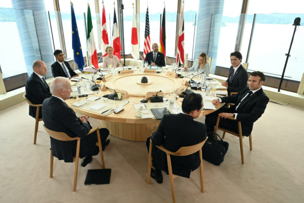 US President Joe Biden, Germany's Chancellor Olaf Scholz, Britain's Prime Minister Rishi Sunak, European Commission President Ursula von der Leyen, President of the European Council Charles Michel, Italy's Prime Minister Giorgia Meloni, Canada's Prime Minister Justin Trudeau, France's President Emmanuel Macron and Japan's Prime Minister Fumio Kishida attend a working lunch meeting at G7 leaders' summit in Hiroshima, western Japan, on 19th May, 2023