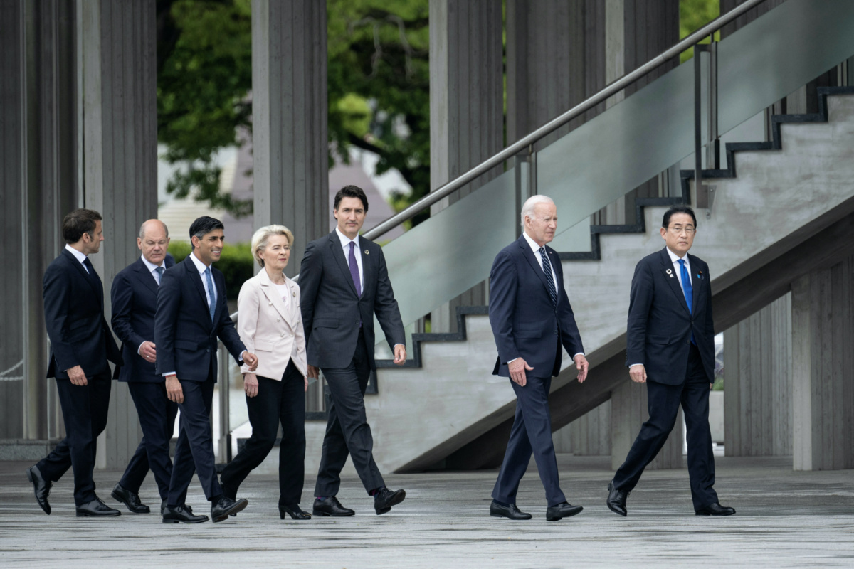 France's President Emmanuel Macron, Germany's Chancellor Olaf Scholz, Britain's Prime Minister Rishi Sunak, European Commission's President Ursula von der Leyen, Canada's Prime Minister Justin Trudeau, US President Joe Biden and Japan's Prime Minister Fumio Kishida visit the Peace Memorial Park as part of the G7 Leaders' Summit in Hiroshima on 19th May, 2023.