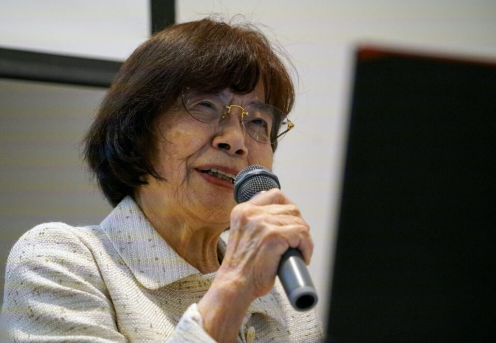 Teruko Yahata, a World War II Hiroshima atomic bombing survivor, speaks about her story of the horrors of Hiroshima to foreign visitors at the Hiroshima Peace Memorial Museum in Hiroshima, western Japan, on 9th May, 2023.