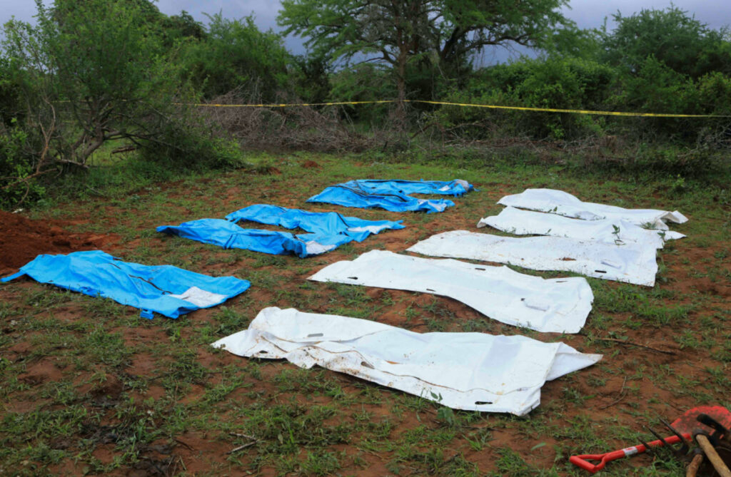 Body bags are seen arranged as forensic experts and homicide detectives exhume bodies of suspected members of a Christian cult named as Good News International Church, who believed they would go to heaven if they starved themselves to death, in Shakahola forest of Kilifi county, Kenya, on 22nd April, 2023.