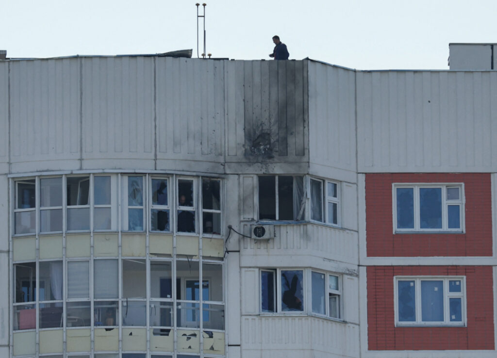 A view shows a damaged multi-storey apartment block following a reported drone attack in Moscow, Russia, on 30th May, 2023.