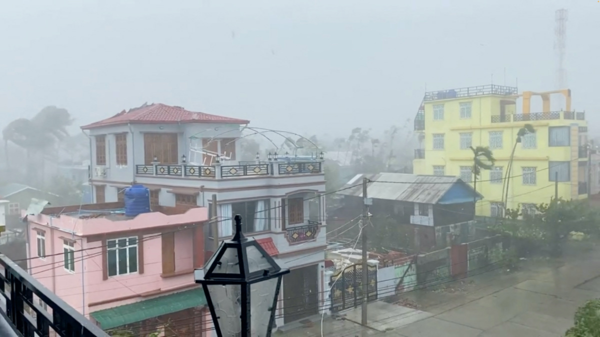 Strong winds and heavy rainfall are seen, as Cyclone Mocha approaches, in Sittwe, Rakhine, Myanmar, on 14th May, 2023 in this screengrab taken from a video. 