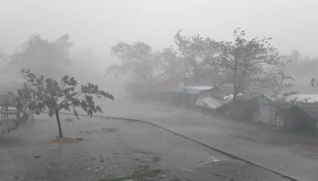 Strong winds and heavy rainfall is seen at ThekayPyin Rohingya camp, as Cyclone Mocha approaches, in Sittwe, Rakhine, Myanmar, on 14th May, 2023 in this screengrab taken from a handout video. Obtained by Reuters/Handout via REUTERS