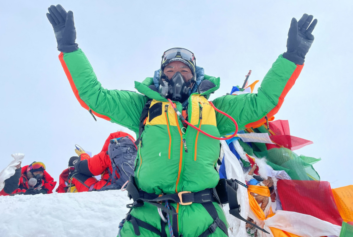 Kami Rita Sherpa, 53, a Nepali Mountaineer who climbed Mount Everest for a record 28 times, is pictured on the summit of Mount Everest during his 28th summit in Everest, on 23rd May, 2023