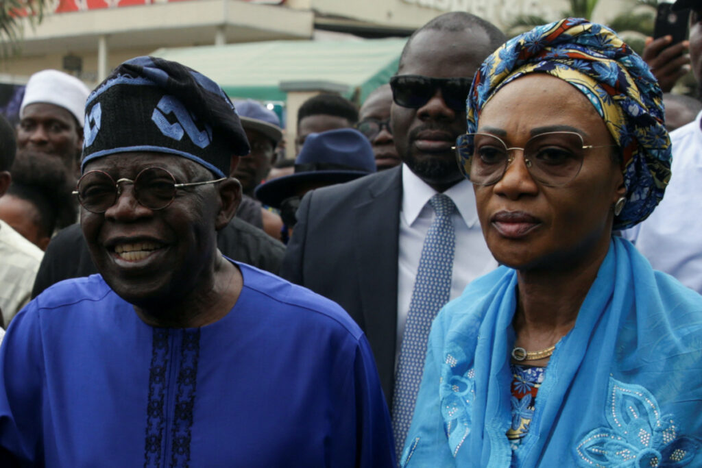 Presidential candidate Bola Ahmed Tinubu arrives with his wife Oluremi Tinubu at a polling station before casting his ballot in Ikeja, Lagos, Nigeria, on 25th February, 2023.