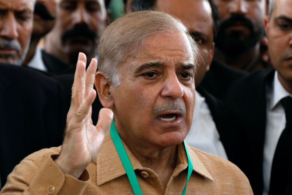 Leader of the opposition Mian Muhammad Shahbaz Sharif, brother of ex-Prime Minister Nawaz Sharif, gestures as he speaks to the media at the Supreme Court of Pakistan in Islamabad, Pakistan, on 5th April, 2022.