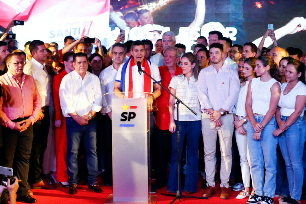Paraguayan presidential candidate Santiago Pena from the ruling Colorado Party speaks at the party headquarters as he and his running mate Pedro Alliana lead Paraguay's presidential race, according to early results, in Asuncion, Paraguay, on 30th April, 2023.