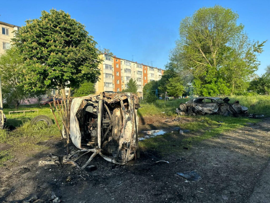 A view shows destroyed vehicles following what was said to be Ukrainian forces' shelling in the course of Russia-Ukraine conflict in the town of Shebekino in the Belgorod region, Russia, in this handout image released on 31st May, 2023.