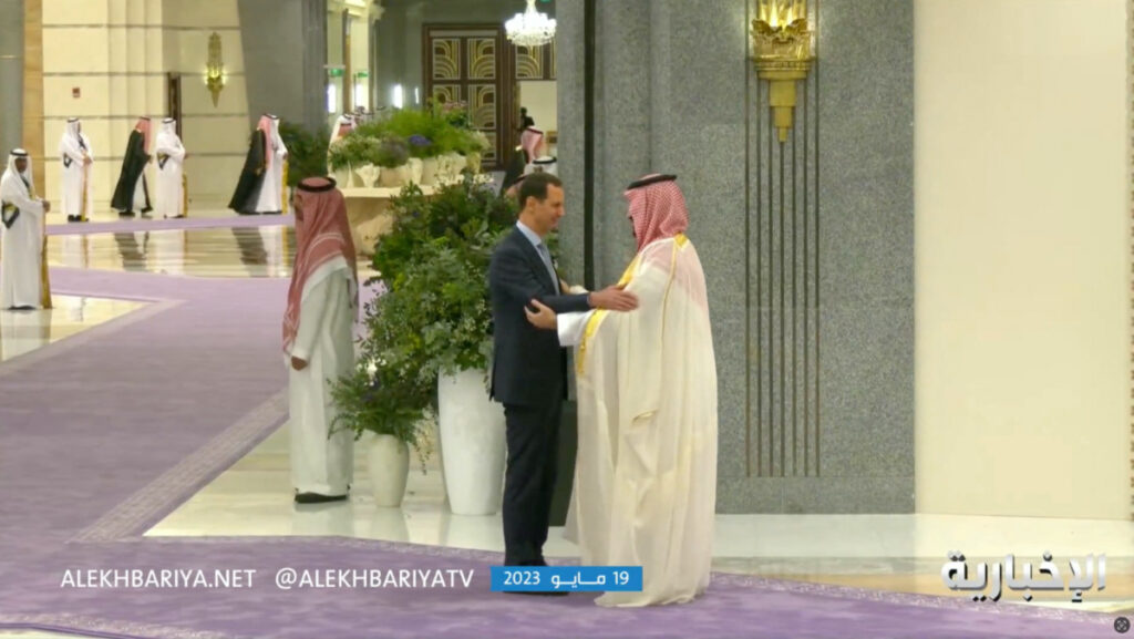 Syria's President Bashar al-Assad meets with Saudi Crown Prince Mohammed bin Salman during the Arab League summit, in Jeddah, Saudi Arabia in this still image obtained from a video on 19th May, 2023.