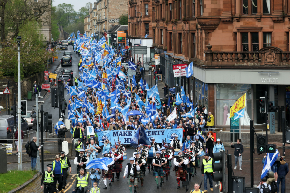 People participate in a Scottish Independence march which is at the same time as the coronation of Britain's King Charles and Queen Camilla, in Glasgow, Scotland, Britain, on 6th May, 2023 