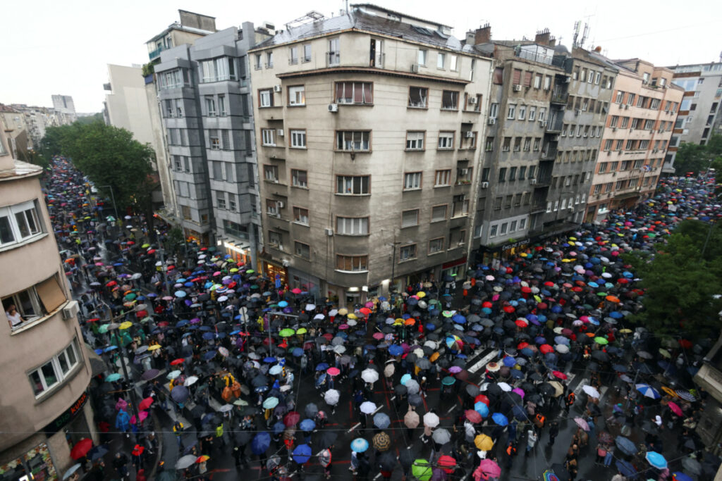 People attend a protest "Serbia against violence" in reaction to the two mass shootings in the same week, that have shaken the country, in Belgrade, Serbia, on 27th May, 2023.