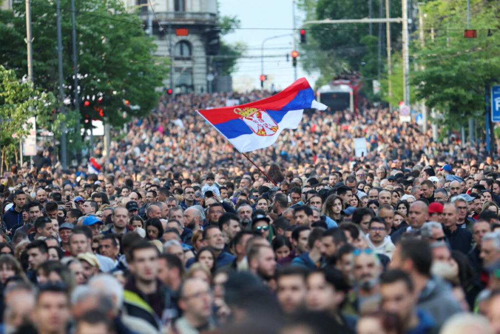 People attend a protest "Serbia against violence" in reaction to recent mass shootings that have shaken the country, in Belgrade, Serbia, on 8th May, 2023.