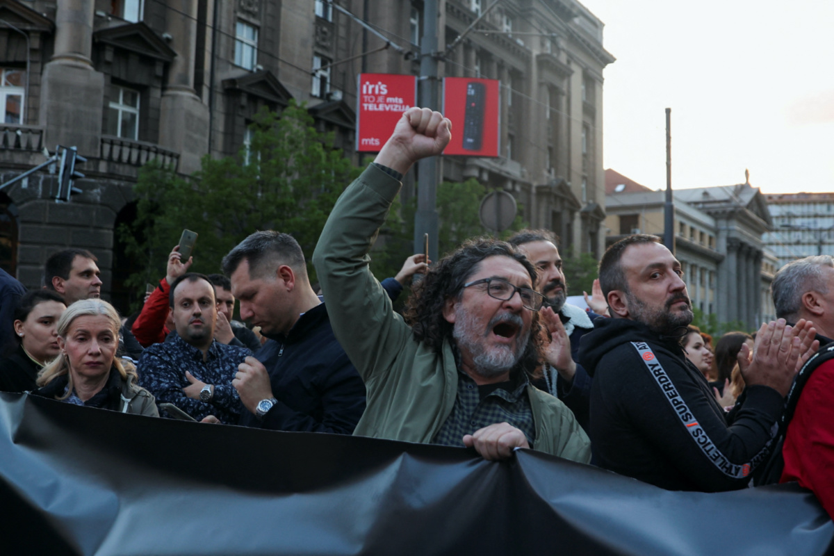 A man gestures, as people attend a protest "Serbia against violence" in reaction to recent mass shootings that have shaken the country, in Belgrade, Serbia, on 8th May, 2023.