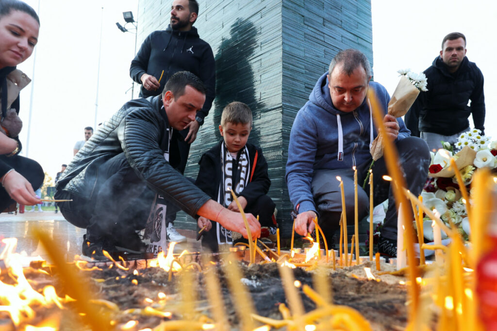 Partizan fans light up candles before the start of the match between Partizan and Real Madrid, following a school mass shooting, after a boy opened fire on others, killing fellow students and staff, in Belgrade, Serbia, on 4th May, 2023.
