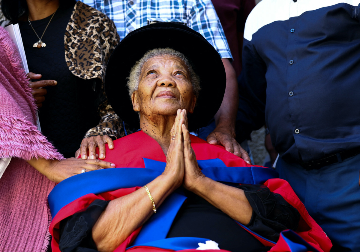 Ouma Katrina Esau, the last known fluent mother-tongue speaker of the indigenous N|uu language, gestures after she was honoured with an honorary Doctor of Literature degree by the University of Cape Town, in Cape Town, South Africa, on 29th March, 2023.
