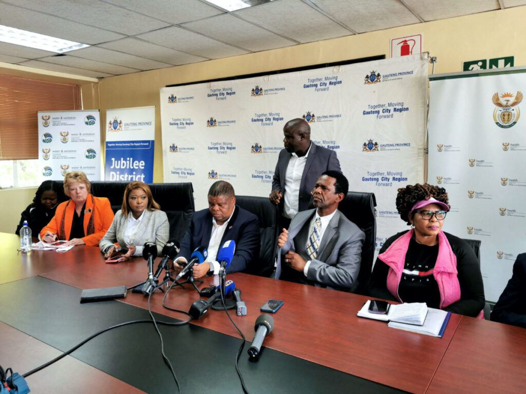 Deputy Ministers of Water Affairs, David Mahlobo and Health, Sibongiseni Dhlomo along with other officials brief the media over the death of 15 people during a cholera outbreak at Jubilee District Hospital in Hammanskraal, South Africa, on 22nd May, 2023