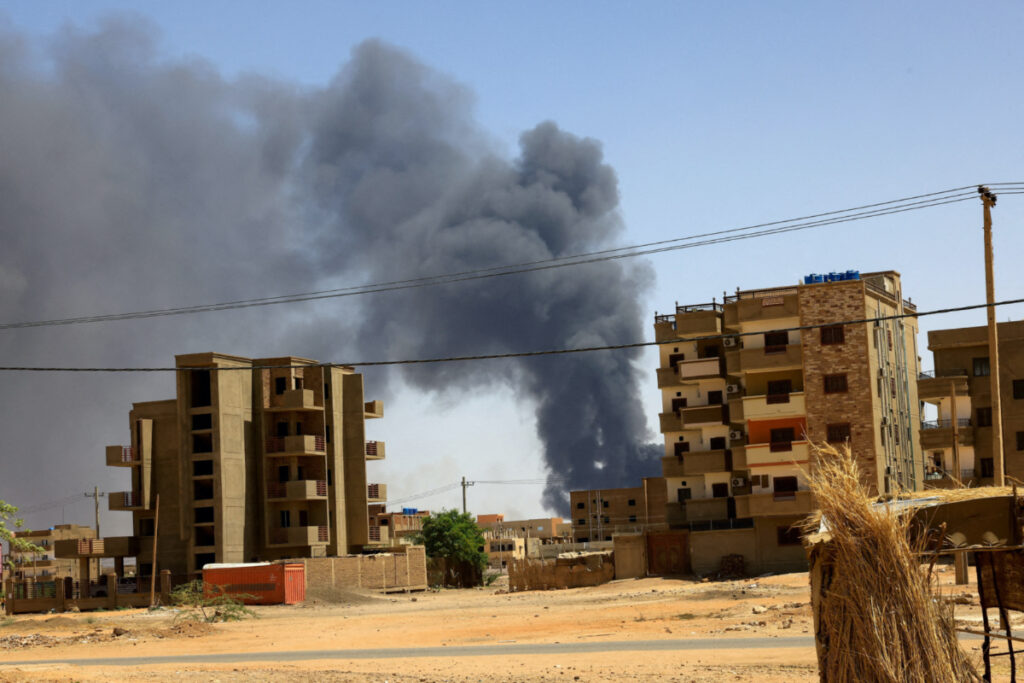 Smoke rises above buildings after an aerial bombardment, during clashes between the paramilitary Rapid Support Forces and the army in Khartoum North, Sudan, on 1st May, 2023.
