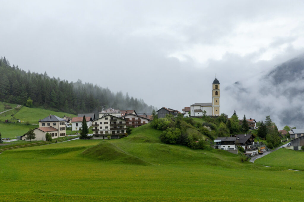 A general view of the zone where rocks are falling and the village of Brienz, one day ahead of the deadline for habitants to evacuate in the canton of Graubunden, Switzerland, on 11th May, 2023.