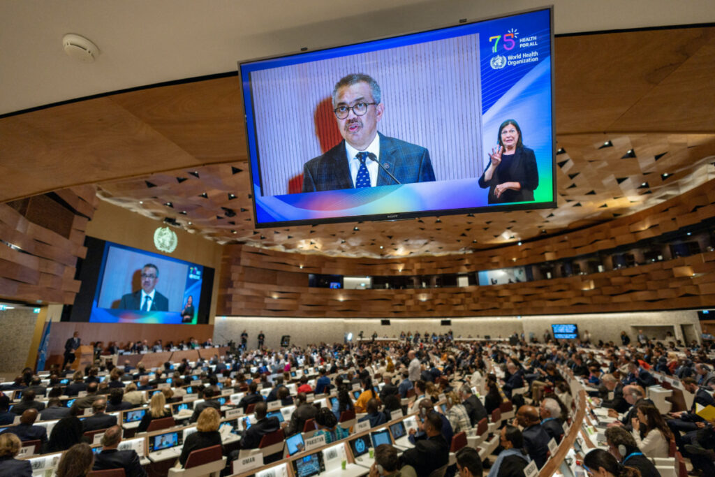 Director-General of the World Health Organisation Dr Tedros Adhanom Ghebreyesus attends the World Health Assembly at the United Nations in Geneva, Switzerland, on 21st May, 2023.