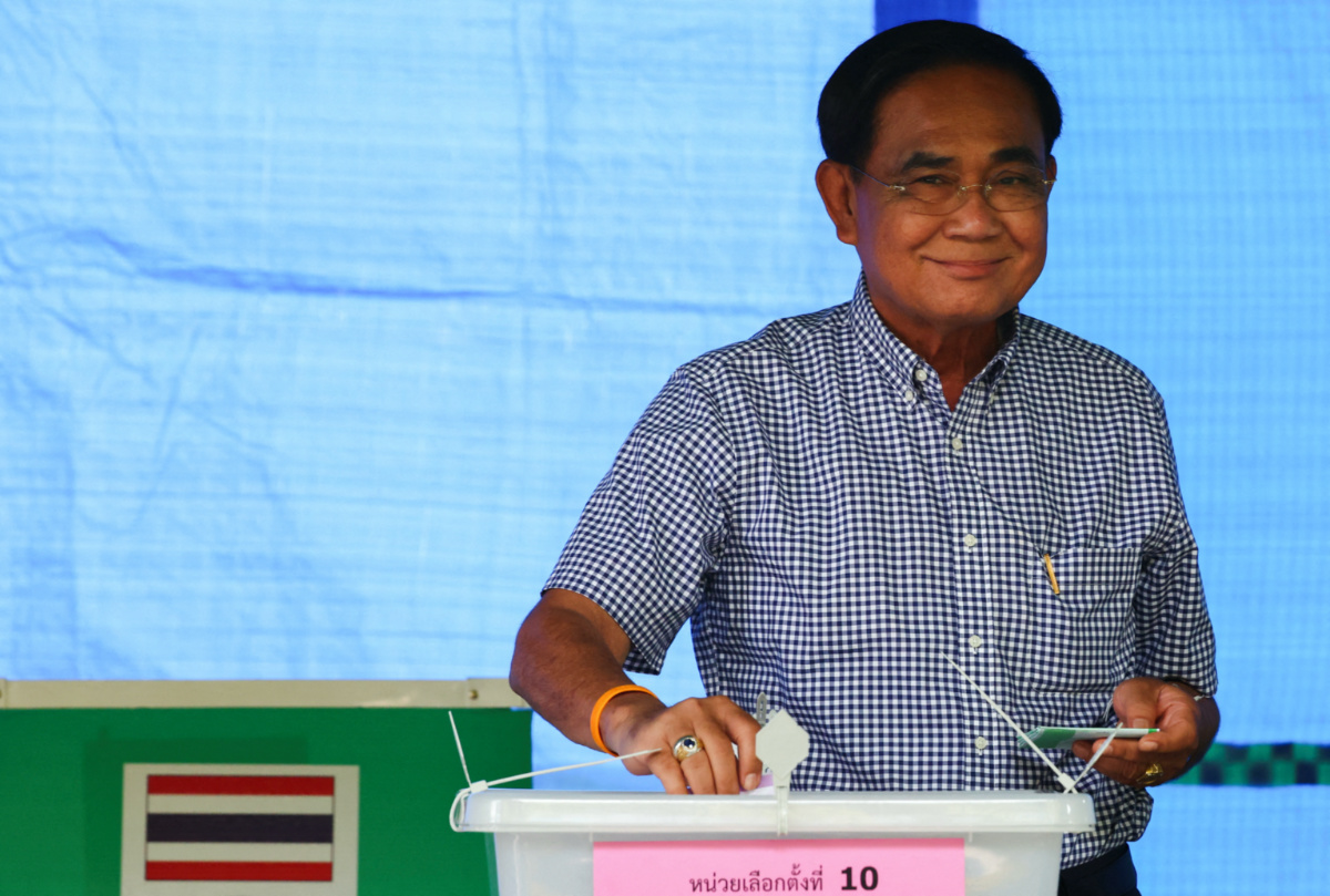 Thailand's incumbent Prime Minister and the prime ministerial candidate from the United Thai Nation Party, Prayuth Chan-ocha, casts his ballot to vote in the general election at a polling station in Bangkok, Thailand, on 14th May, 2023