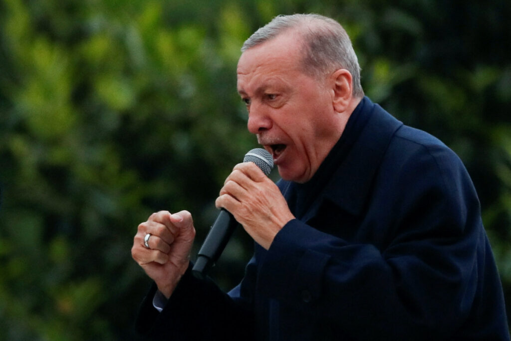 Turkish President Tayyip Erdogan addresses his supporters following early exit poll results for the second round of the presidential election in Istanbul, Turkey, on 28th May, 2023.