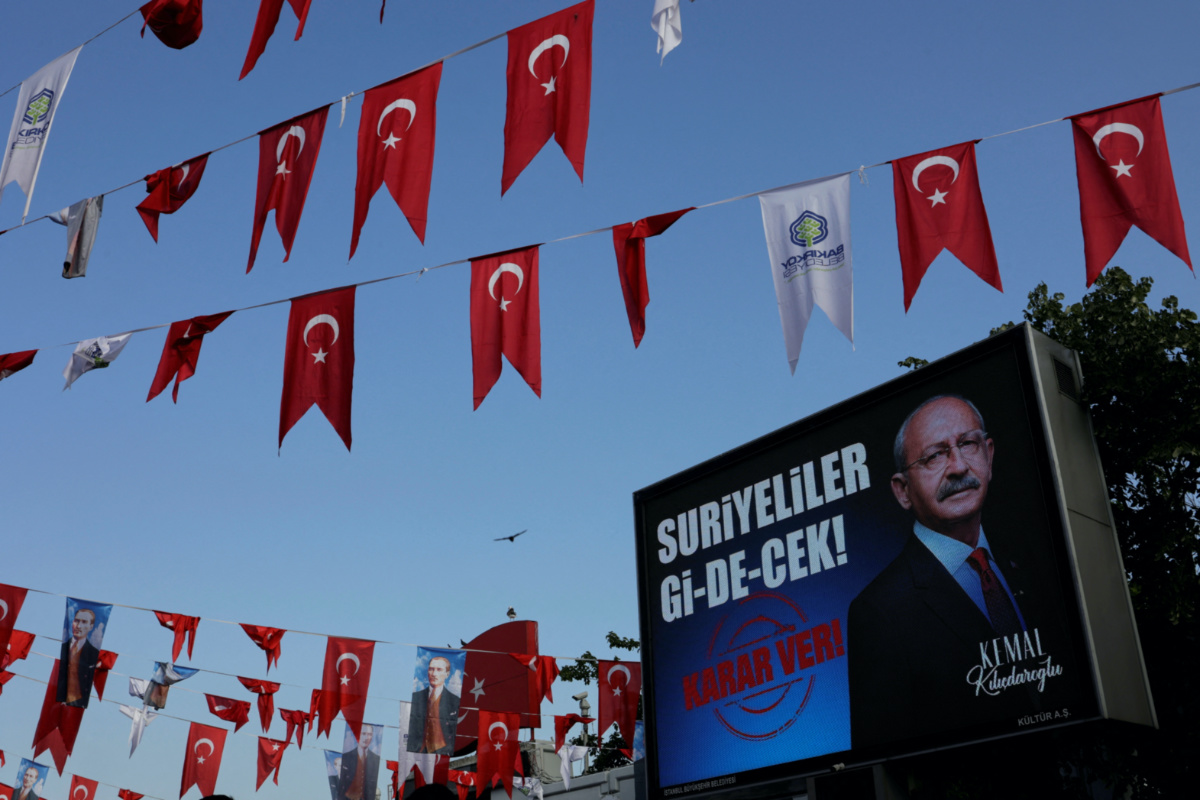 An election campaign billboard of Kemal Kilicdaroglu, presidential candidate of Turkey's main opposition alliance, with a slogan that reads "Syrians will go!", is pictured, ahead of the 28th May presidential runoff vote, in Istanbul, Turkey, on 25th May, 2023.