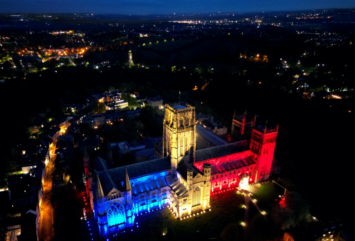 Durham Cathedral is lit up in the colours of the Union Jack ahead of coronation of King Charles in Durham, Britain, on 5th May, 2023