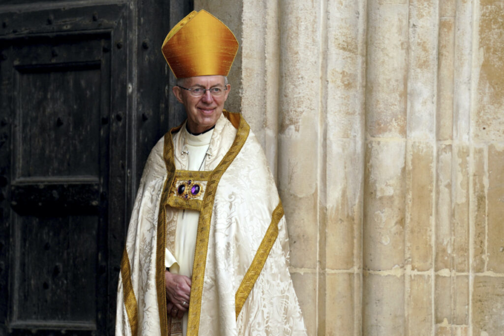 Archbishop of Canterbury Justin Welby stands at the entrance of Westminster Abbey ahead of the coronation of King Charles III and Camilla, the Queen Consort, in London, on Saturday, 6th May, 2023.