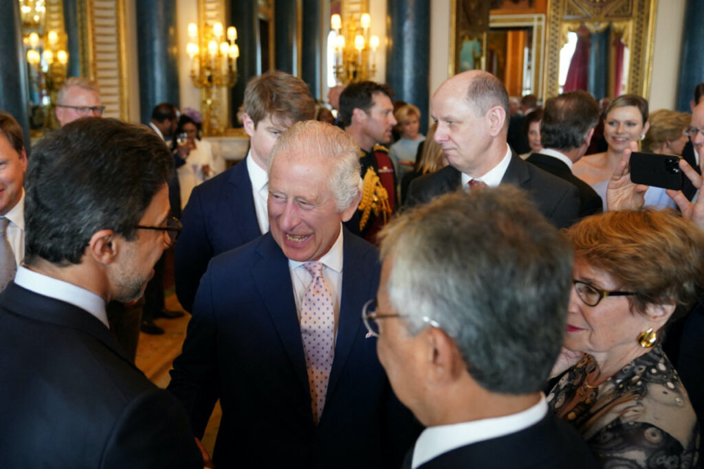 Britain's King Charles speaks to guests during a reception for overseas guests attending his coronation at Buckingham Palace in London, Britain, on 5th May, 2023.