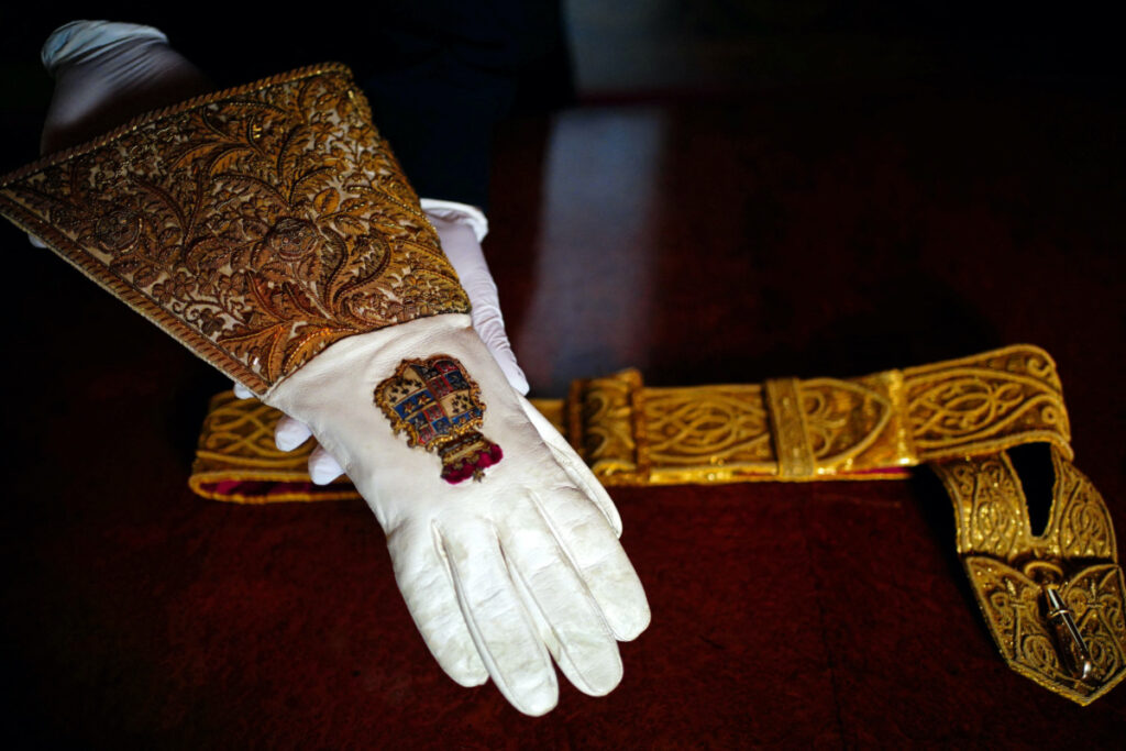 A view of the Coronation Gauntlet glove and Sword Belt, which forms part of the Coronation Vestments and will be worn by Britain's King Charles during his coronation at Westminster Abbey, displayed in the Throne Room at Buckingham Palace, London, Britain, on 26th April, 2023.